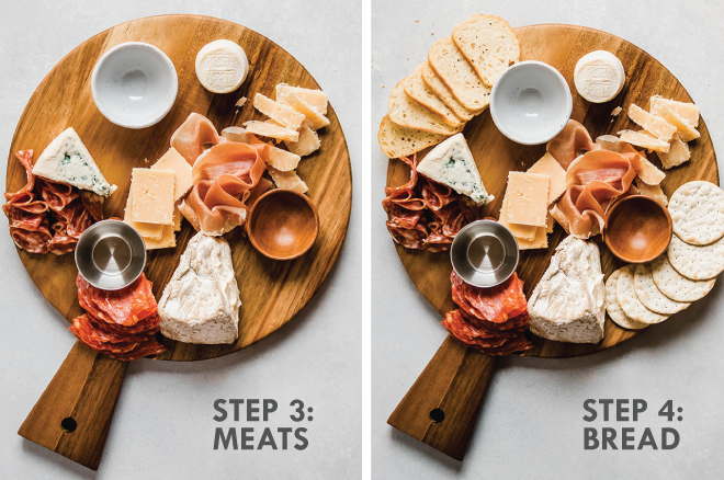 Adding prosciutto, salami, and crostini to a wooden cheese board. Grey text overlay says \'step 3: meats, step 4: bread.\'