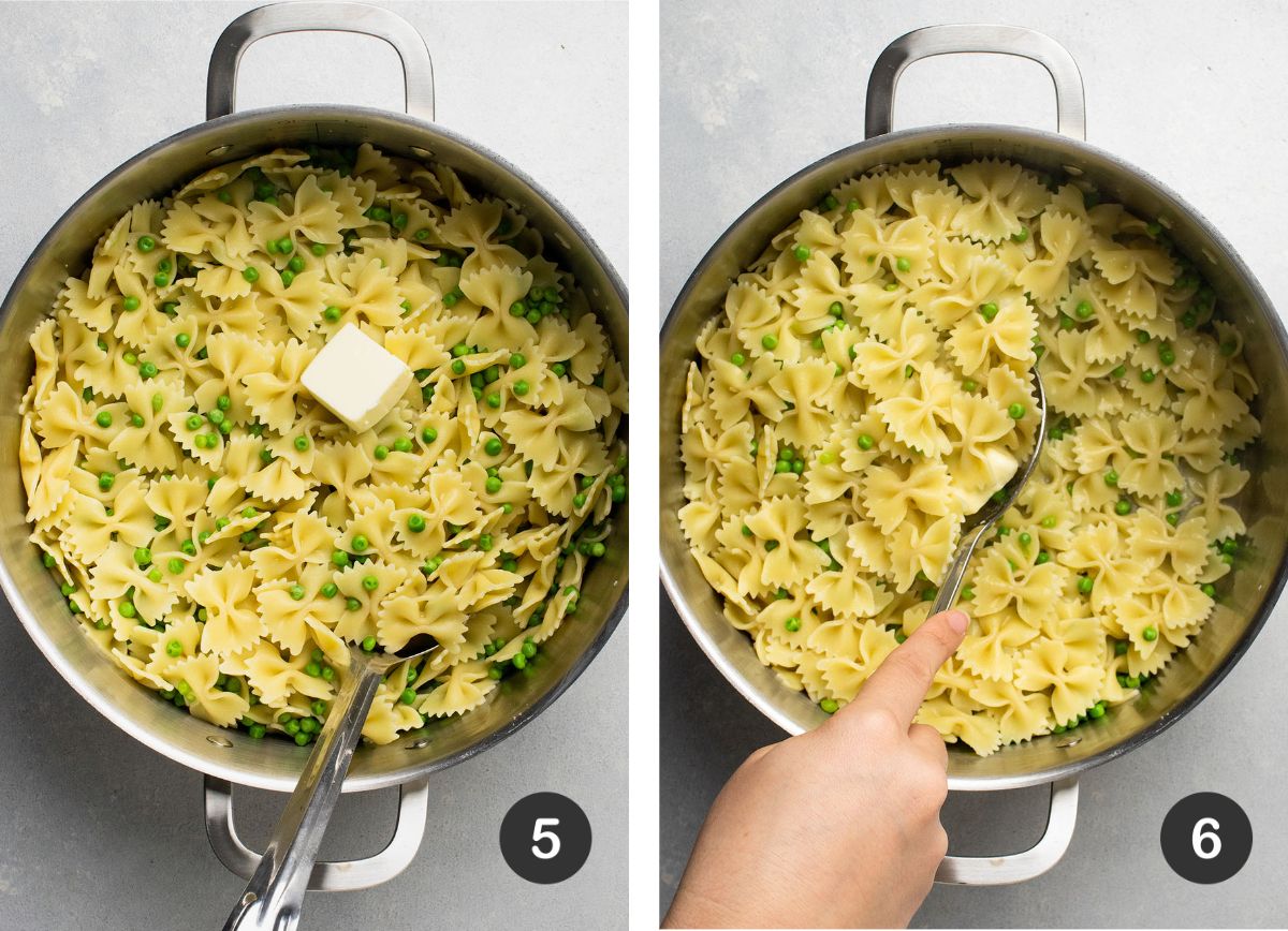 Stirring a pat of butter into cooked pasta.