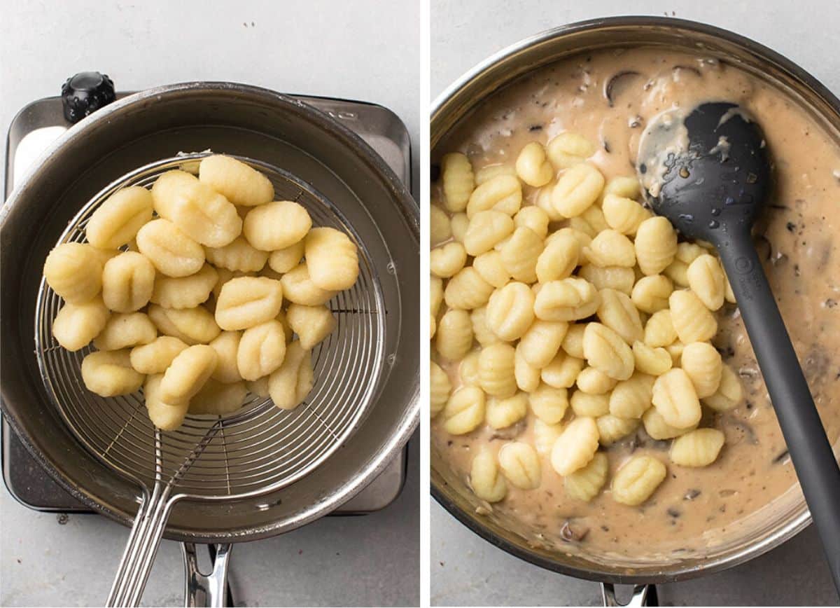 Slotted spoon adding cooked gnocchi to a skillet of mushroom sauce.