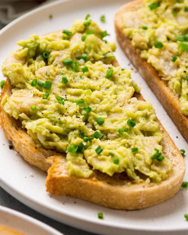 Smashed butter beans and avocado on sourdough toast.