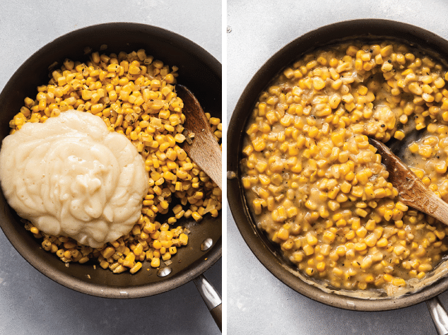 Wooden spoon stirring cauliflower purée into a skillet with sweet corn.
