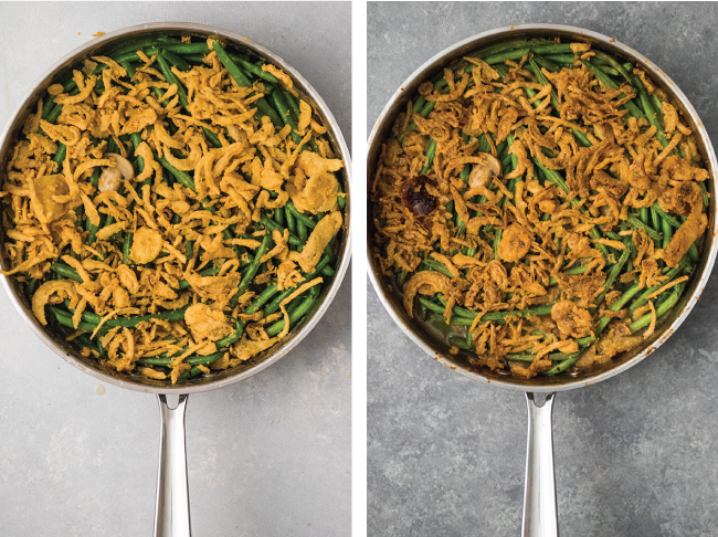 Green bean casserole topped with crispy onions in a large, wide skillet.