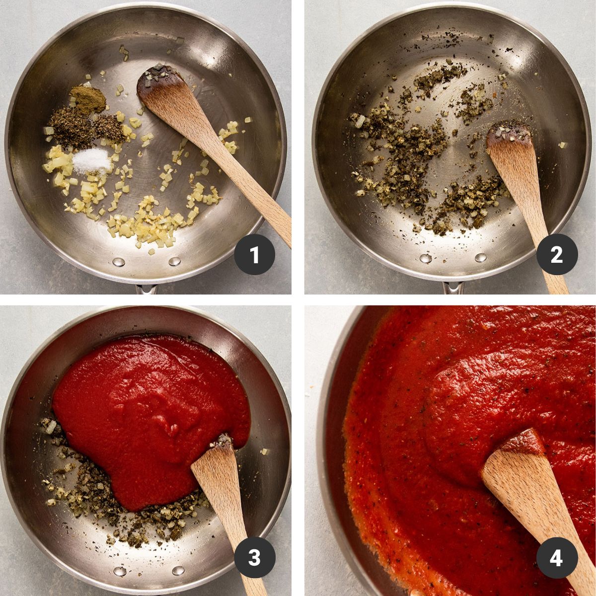 Mixing pizza sauce ingredients together with a wooden spoon in a large silver skillet.