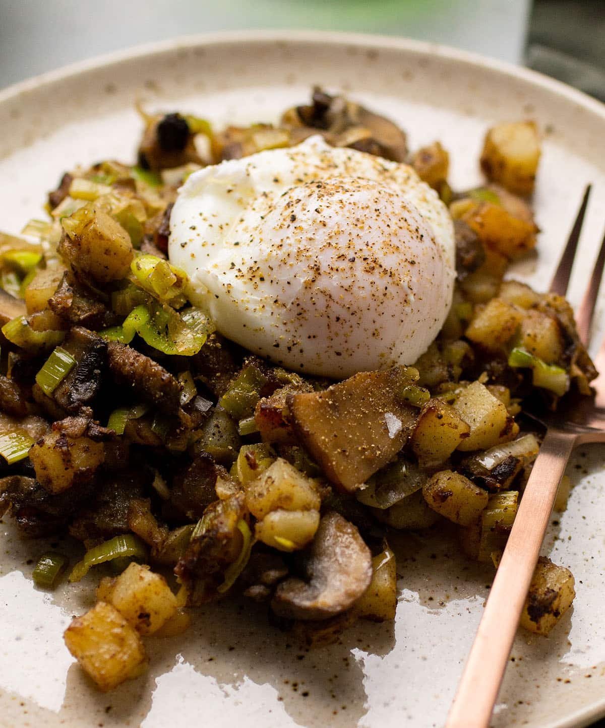 Poached egg on top of mushroom hash.